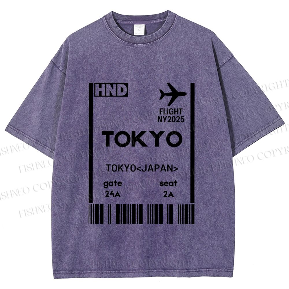 Unisex Tokyo Boarding Card Vintage Printed Washed Tee