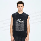 Unisex Great Wave Japanese Style Printed Washed Tank Top