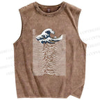 Unisex Great Wave Japanese Style Printed Washed Tank Top