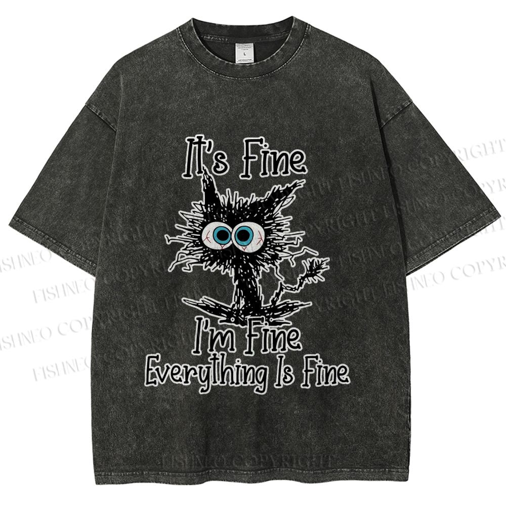 Unisex It's Fine Cat Vintage Printed Washed Tee