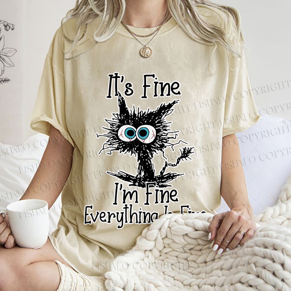 Unisex It's Fine Cat Vintage Printed Washed Tee