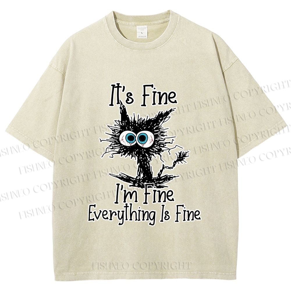 Unisex It's Fine Cat Vintage Printed Washed Tee