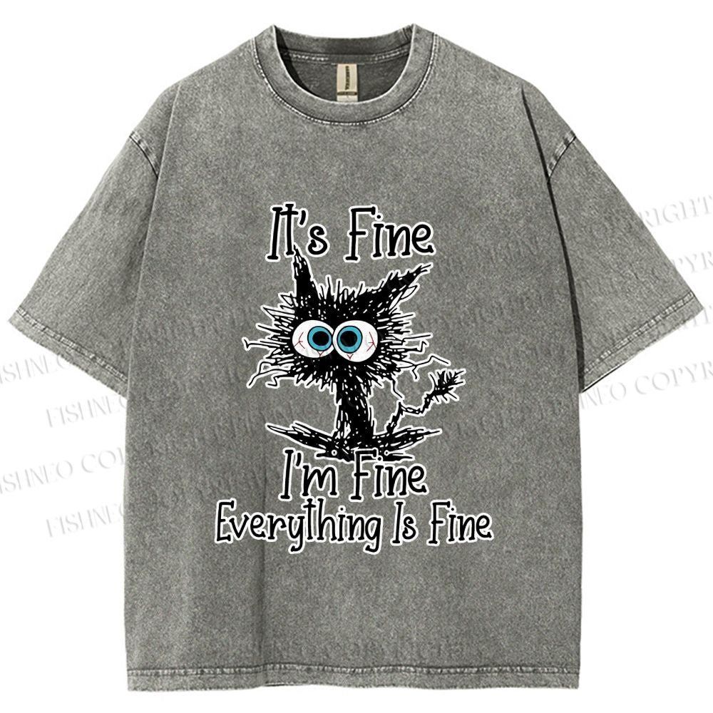 Unisex It's Fine Cat Vintage Printed Washed Tee