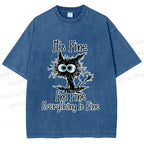 Unisex It's Fine Cat Vintage Printed Washed Tee