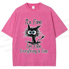 Unisex It's Fine Cat Vintage Printed Washed Tee