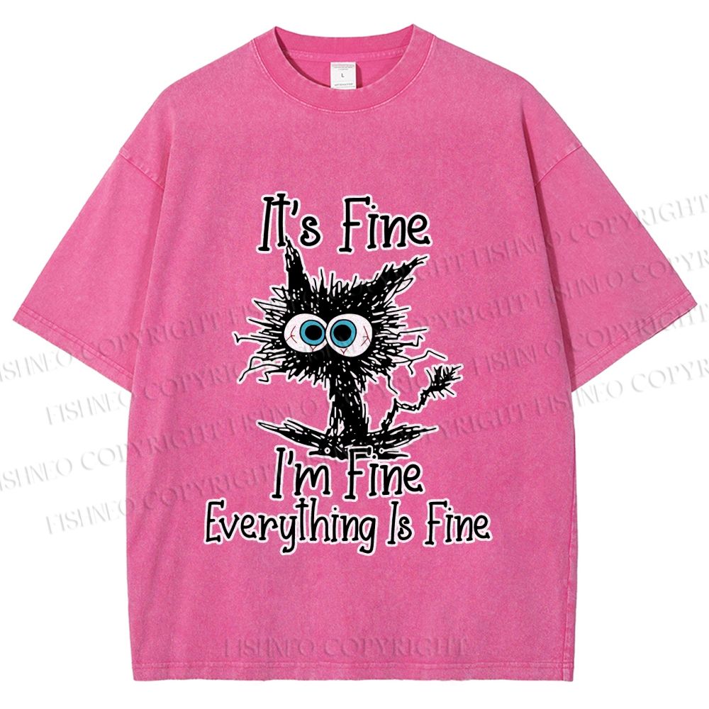 Unisex It's Fine Cat Vintage Printed Washed Tee