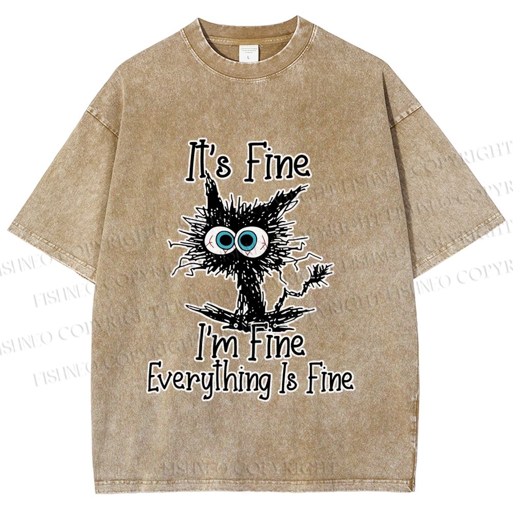 Unisex It's Fine Cat Vintage Printed Washed Tee