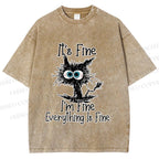 Unisex It's Fine Cat Vintage Printed Washed Tee