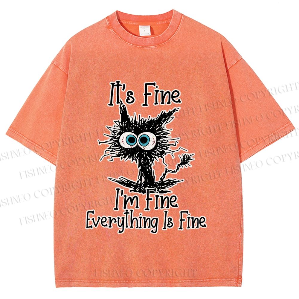 Unisex It's Fine Cat Vintage Printed Washed Tee