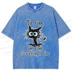Unisex It's Fine Cat Vintage Printed Washed Tee