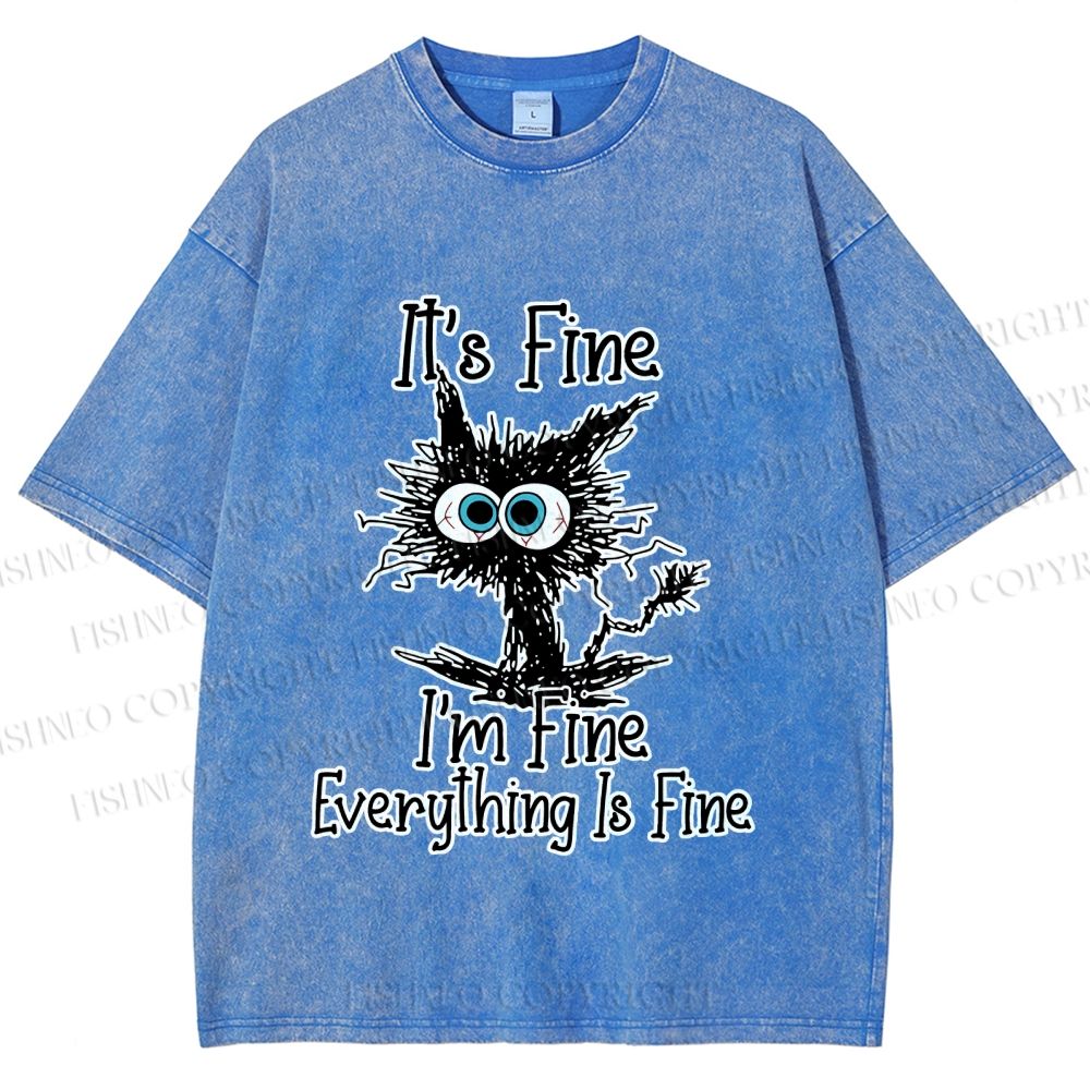 Unisex It's Fine Cat Vintage Printed Washed Tee