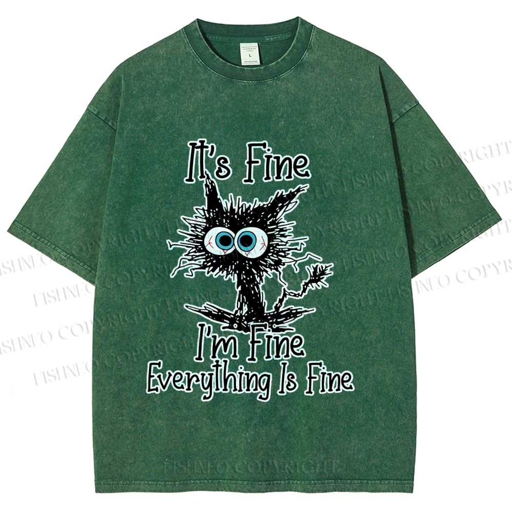 Unisex It's Fine Cat Vintage Printed Washed Tee