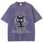 Unisex It's Fine Cat Vintage Printed Washed Tee