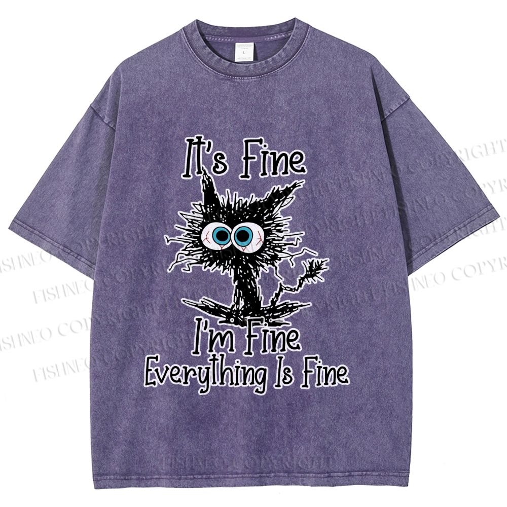 Unisex It's Fine Cat Vintage Printed Washed Tee