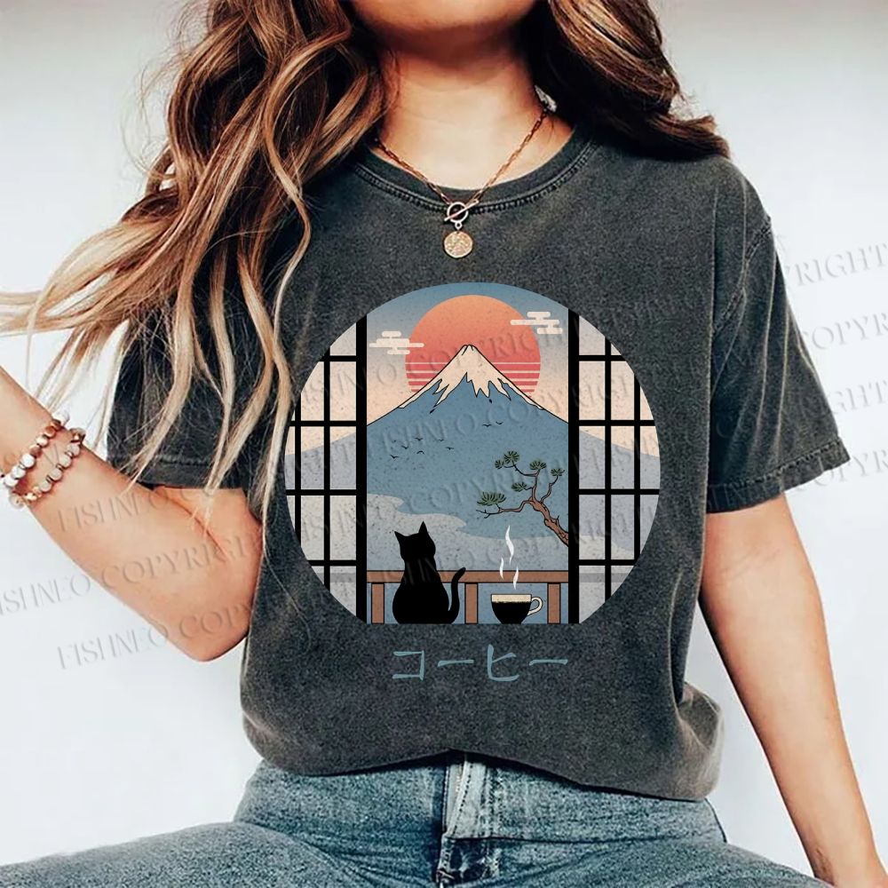 Unisex Mount Fuji Cat Printed Washed Tee