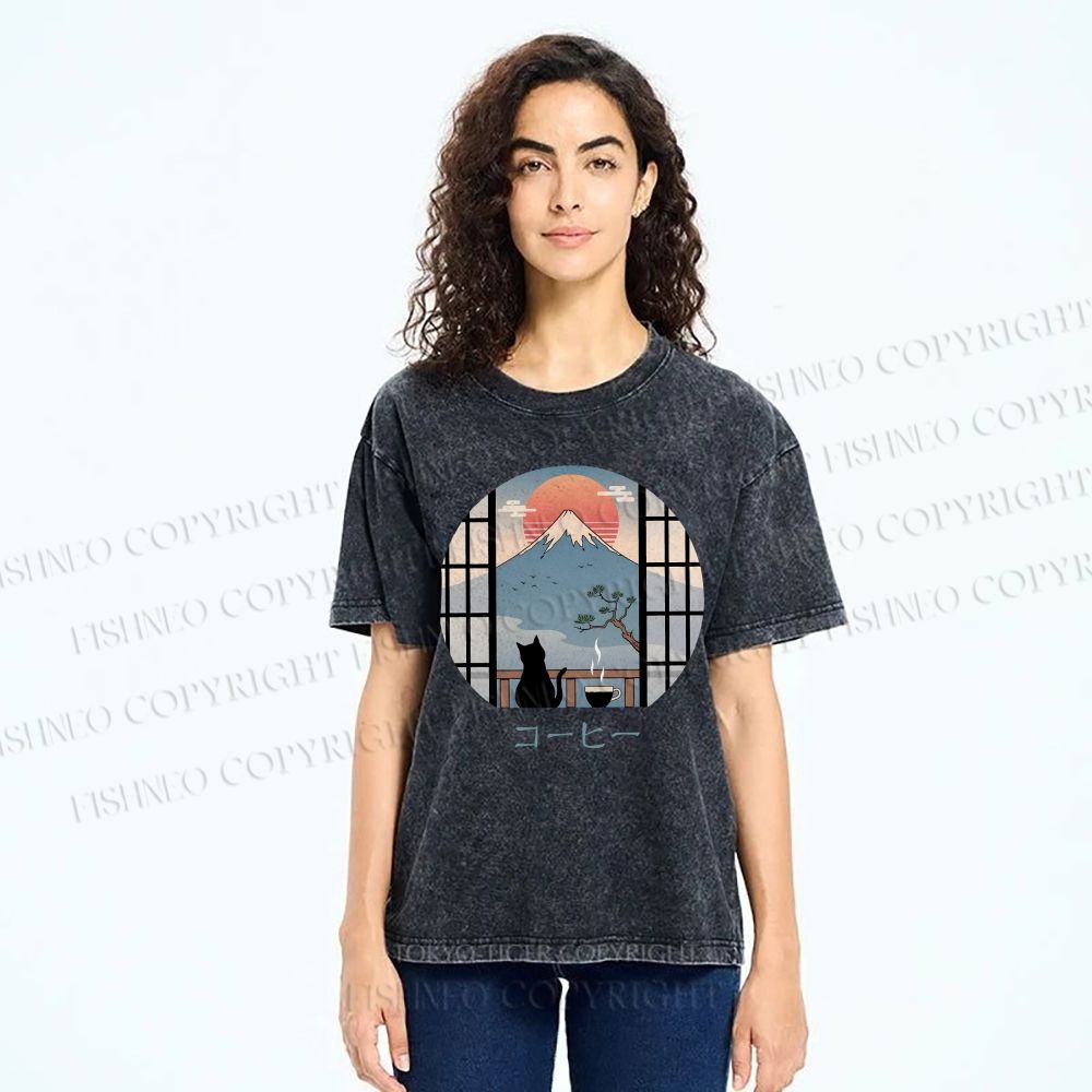 Unisex Mount Fuji Cat Printed Washed Tee