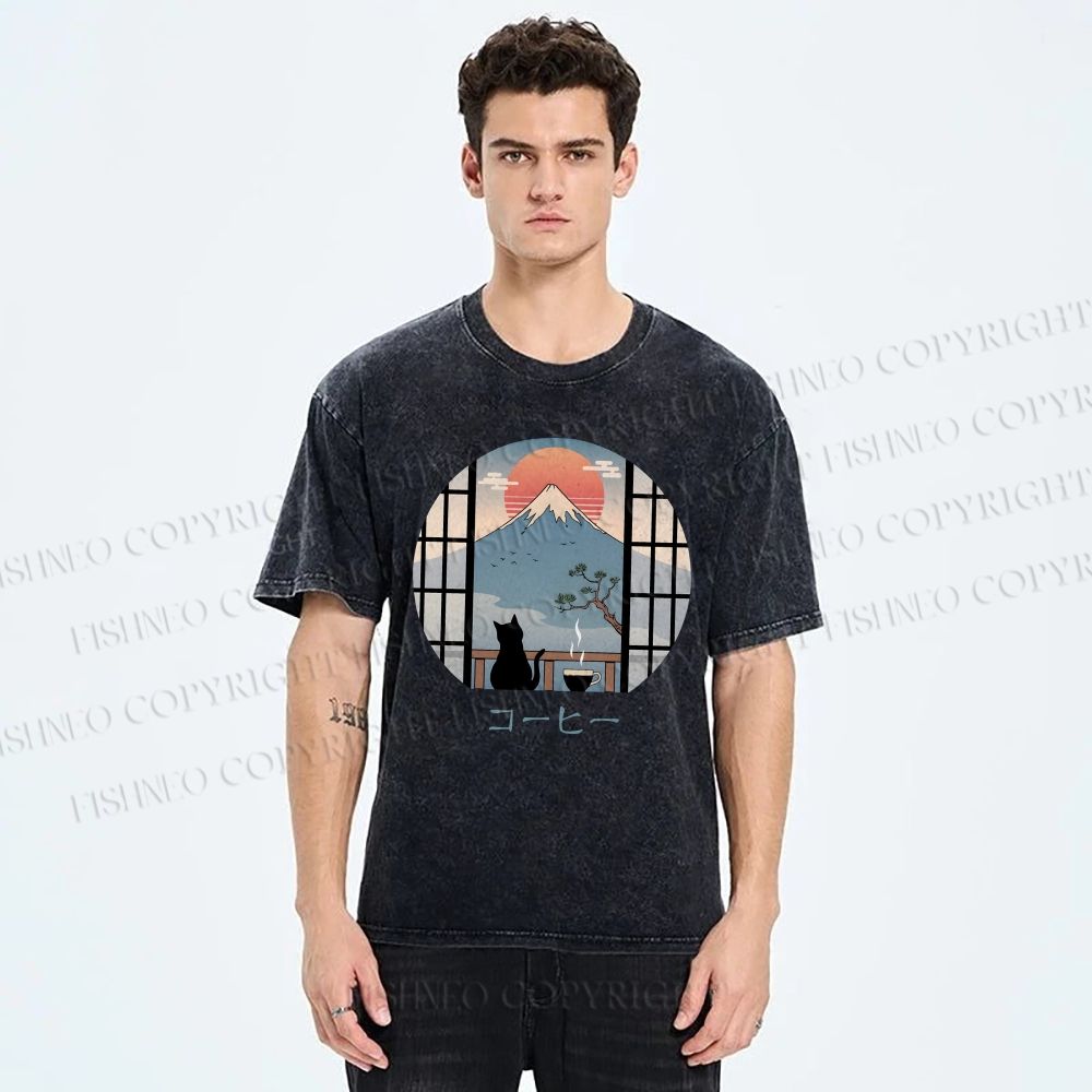 Unisex Mount Fuji Cat Printed Washed Tee