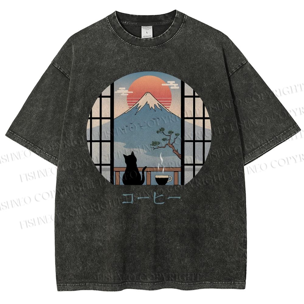 Unisex Mount Fuji Cat Printed Washed Tee