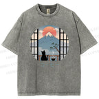 Unisex Mount Fuji Cat Printed Washed Tee