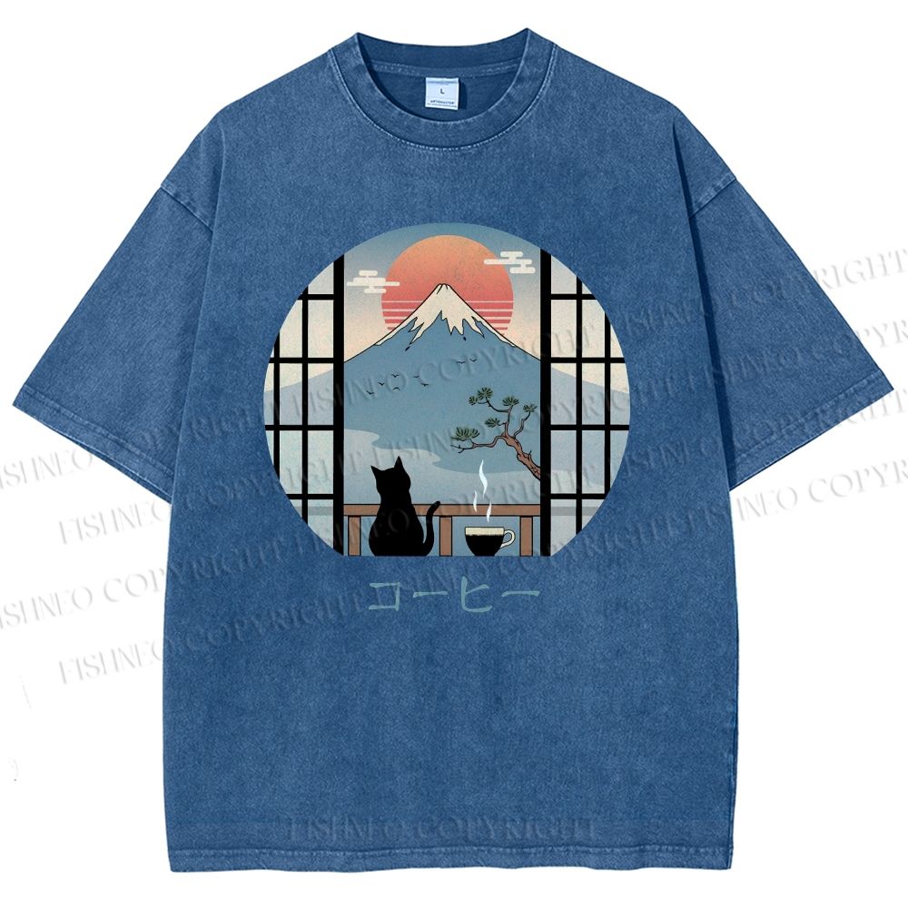 Unisex Mount Fuji Cat Printed Washed Tee