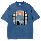 Unisex Mount Fuji Cat Printed Washed Tee