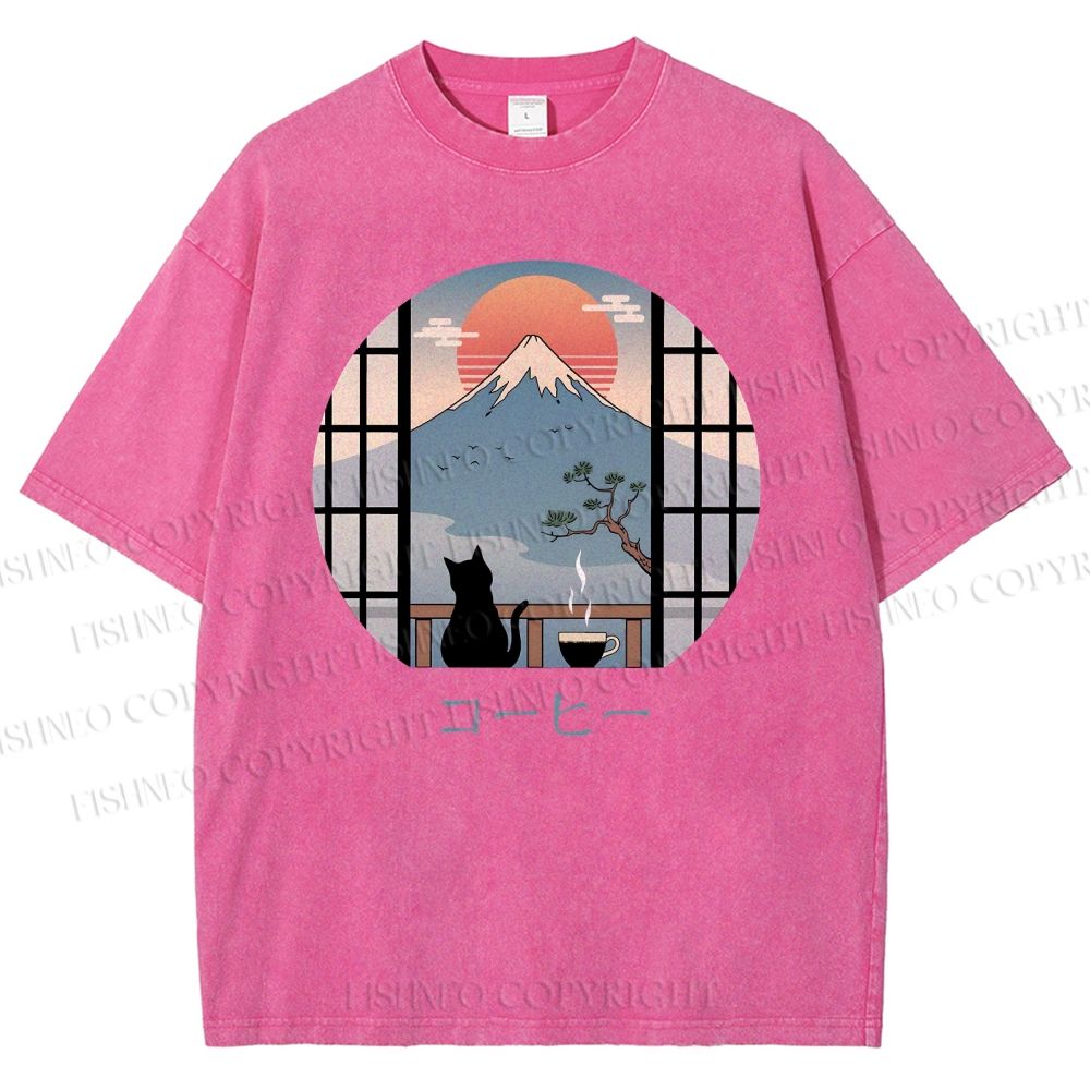 Unisex Mount Fuji Cat Printed Washed Tee