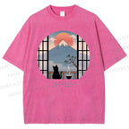Unisex Mount Fuji Cat Printed Washed Tee