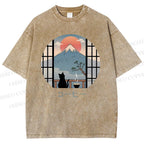 Unisex Mount Fuji Cat Printed Washed Tee