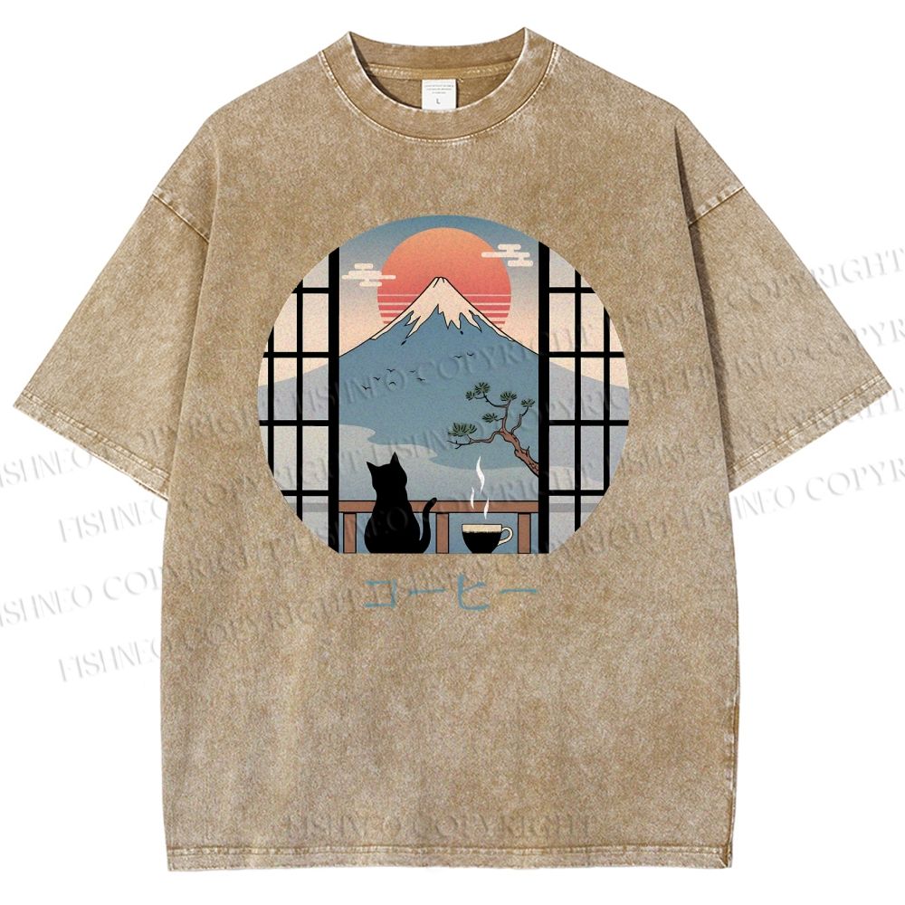 Unisex Mount Fuji Cat Printed Washed Tee