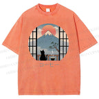 Unisex Mount Fuji Cat Printed Washed Tee