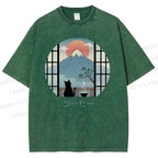 Unisex Mount Fuji Cat Printed Washed Tee