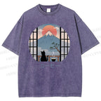 Unisex Mount Fuji Cat Printed Washed Tee