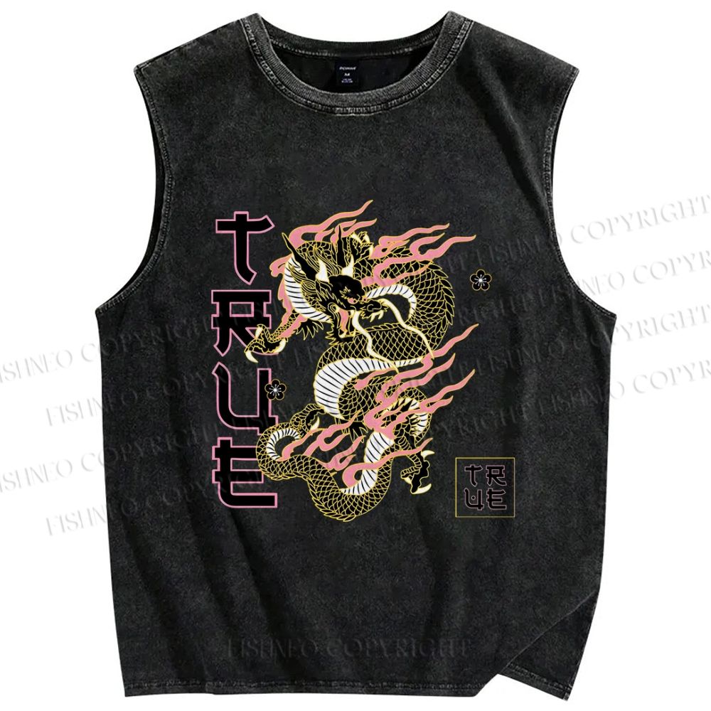 Unisex Dragon Printed Washed Tank Top