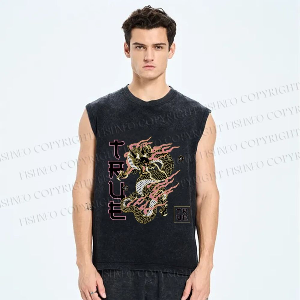 Unisex Dragon Printed Washed Tank Top