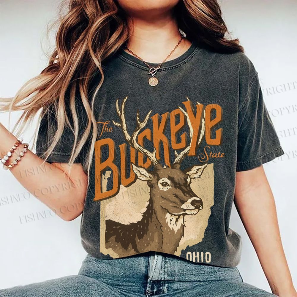 Unisex Vintage Deer Buckeye Printed Washed Tee