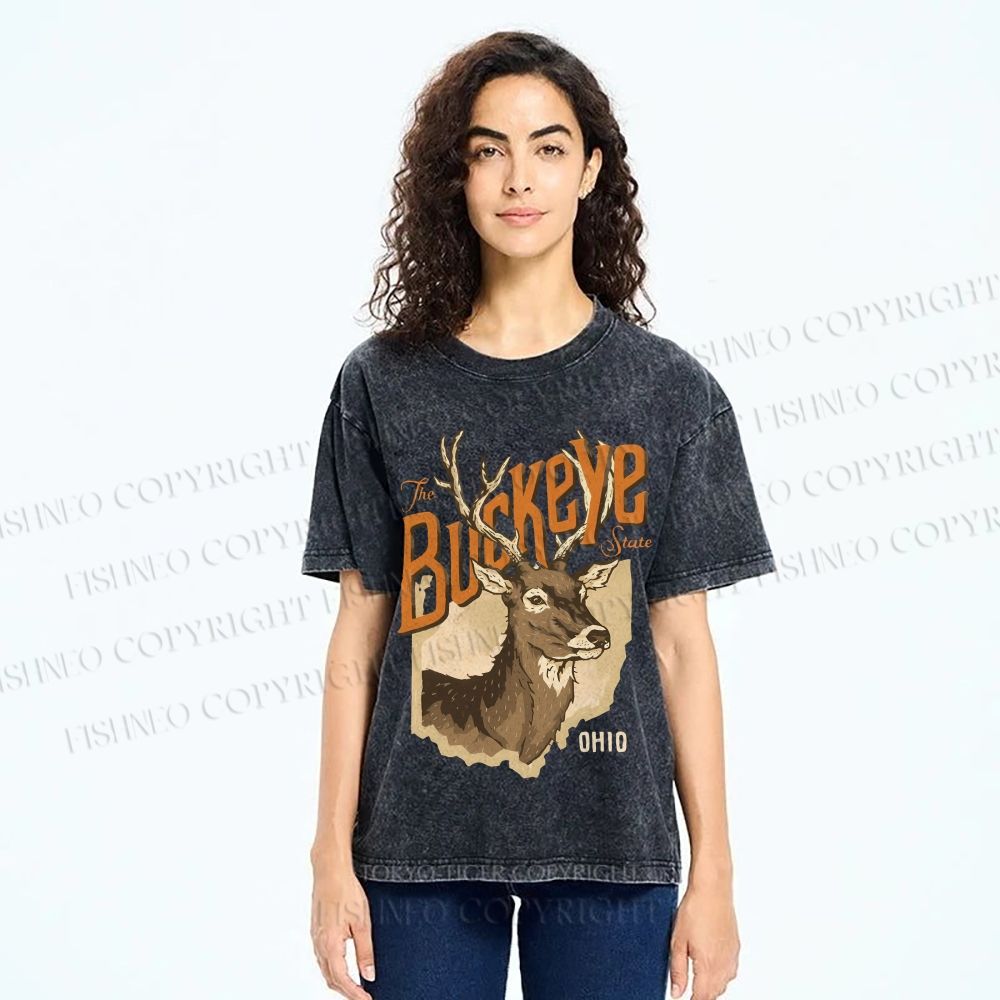 Unisex Vintage Deer Buckeye Printed Washed Tee