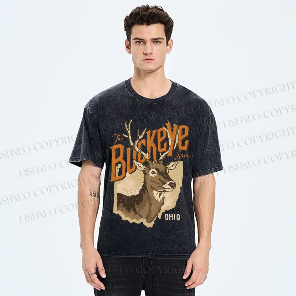 Unisex Vintage Deer Buckeye Printed Washed Tee