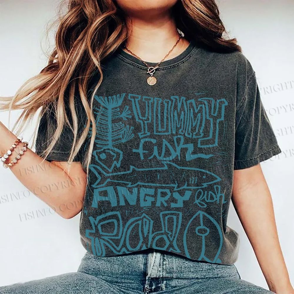 Unisex Vintage Yummy Fish Angry Fish Printed Washed Tee
