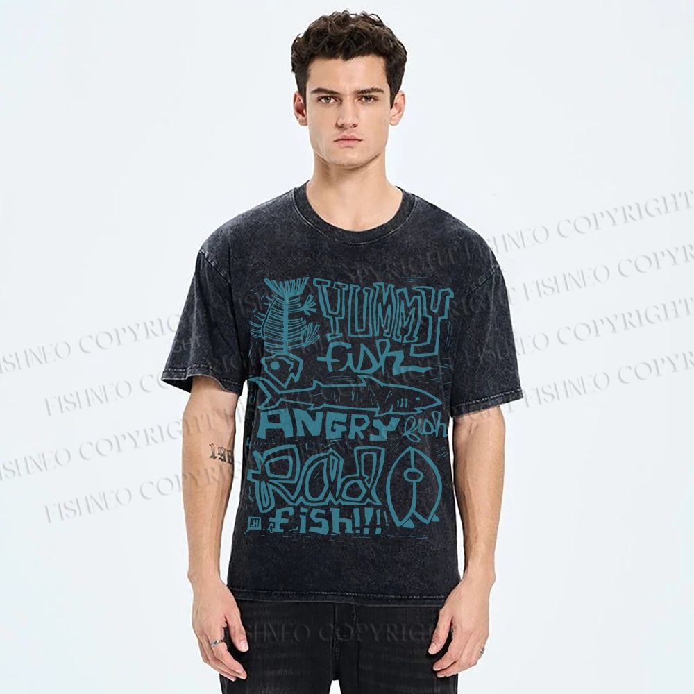 Unisex Vintage Yummy Fish Angry Fish Printed Washed Tee