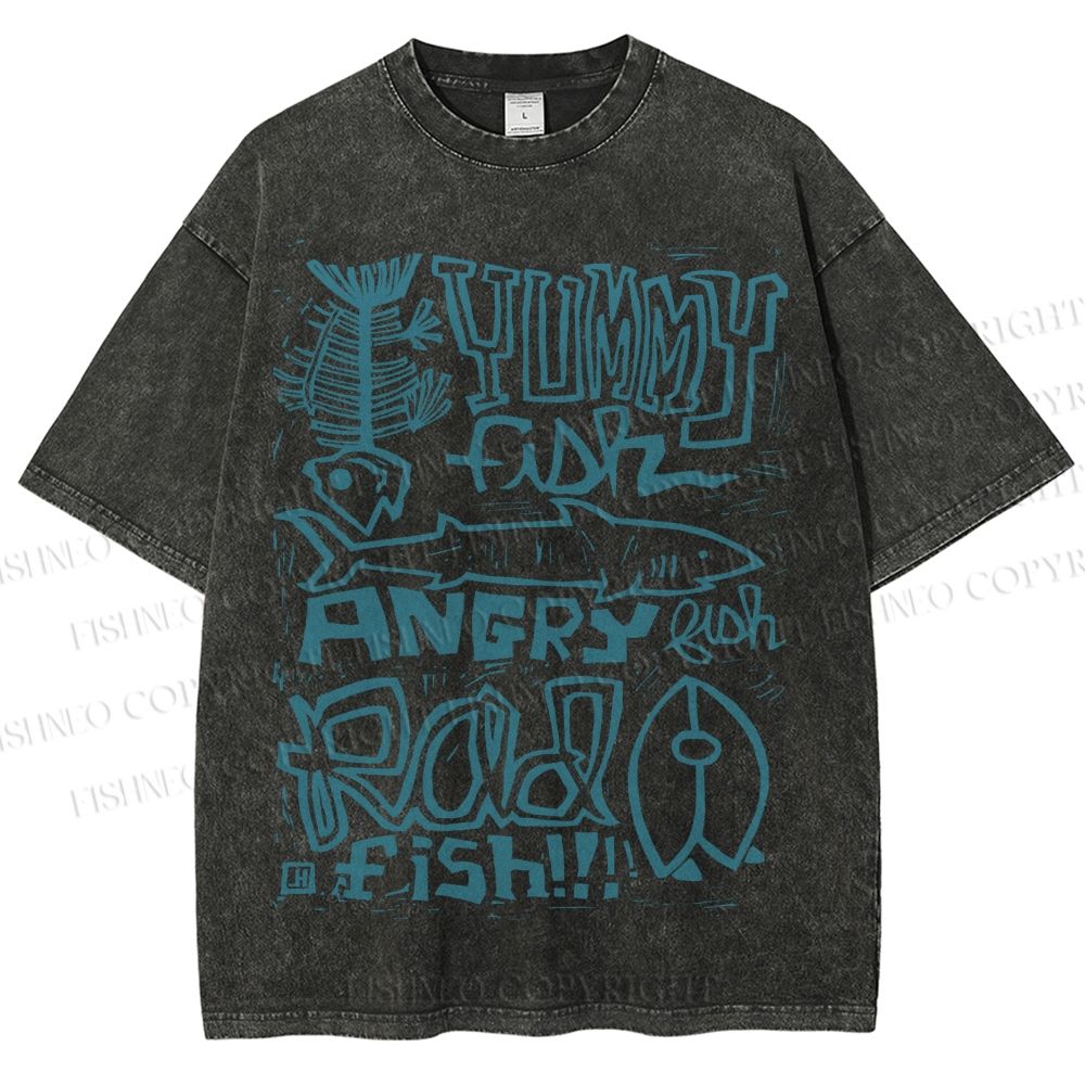 Unisex Vintage Yummy Fish Angry Fish Printed Washed Tee