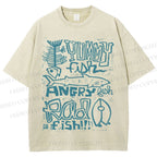 Unisex Vintage Yummy Fish Angry Fish Printed Washed Tee