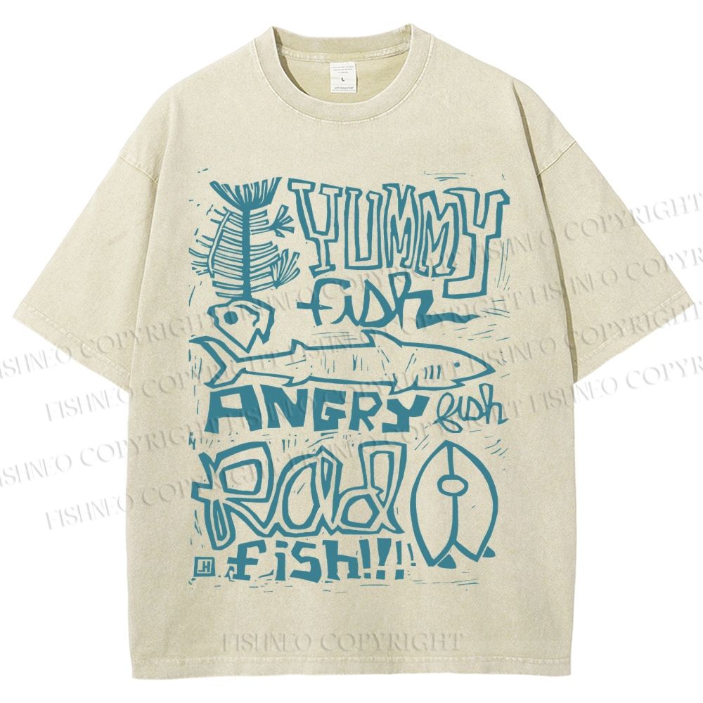 Unisex Vintage Yummy Fish Angry Fish Printed Washed Tee