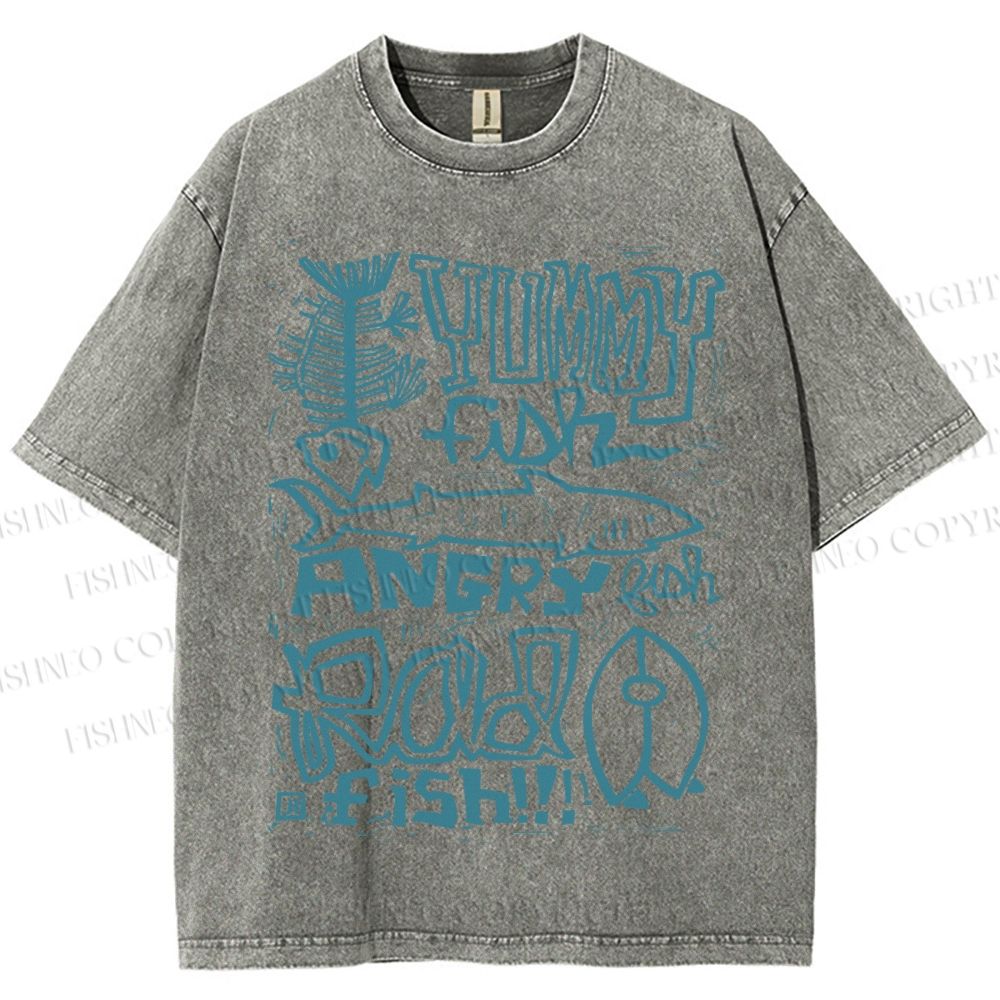 Unisex Vintage Yummy Fish Angry Fish Printed Washed Tee