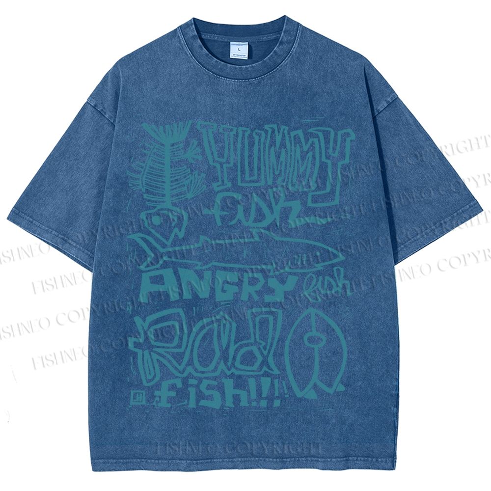 Unisex Vintage Yummy Fish Angry Fish Printed Washed Tee