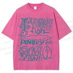 Unisex Vintage Yummy Fish Angry Fish Printed Washed Tee