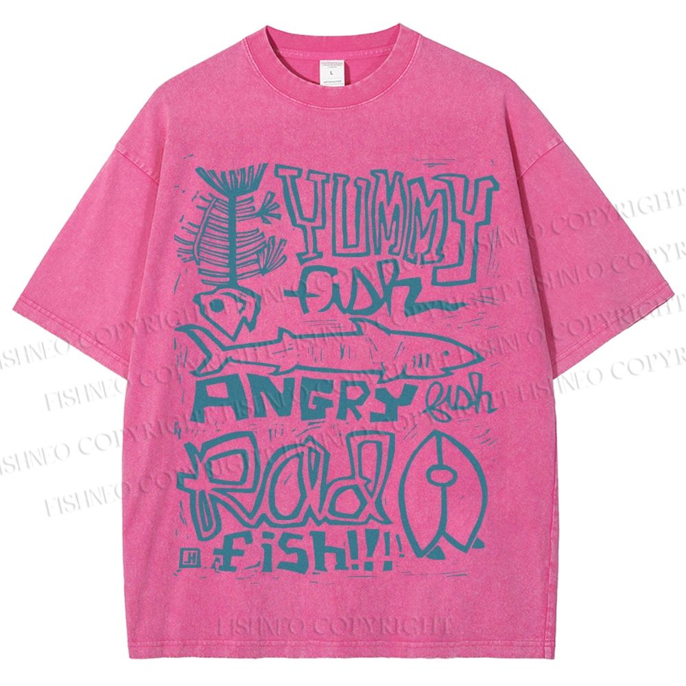 Unisex Vintage Yummy Fish Angry Fish Printed Washed Tee