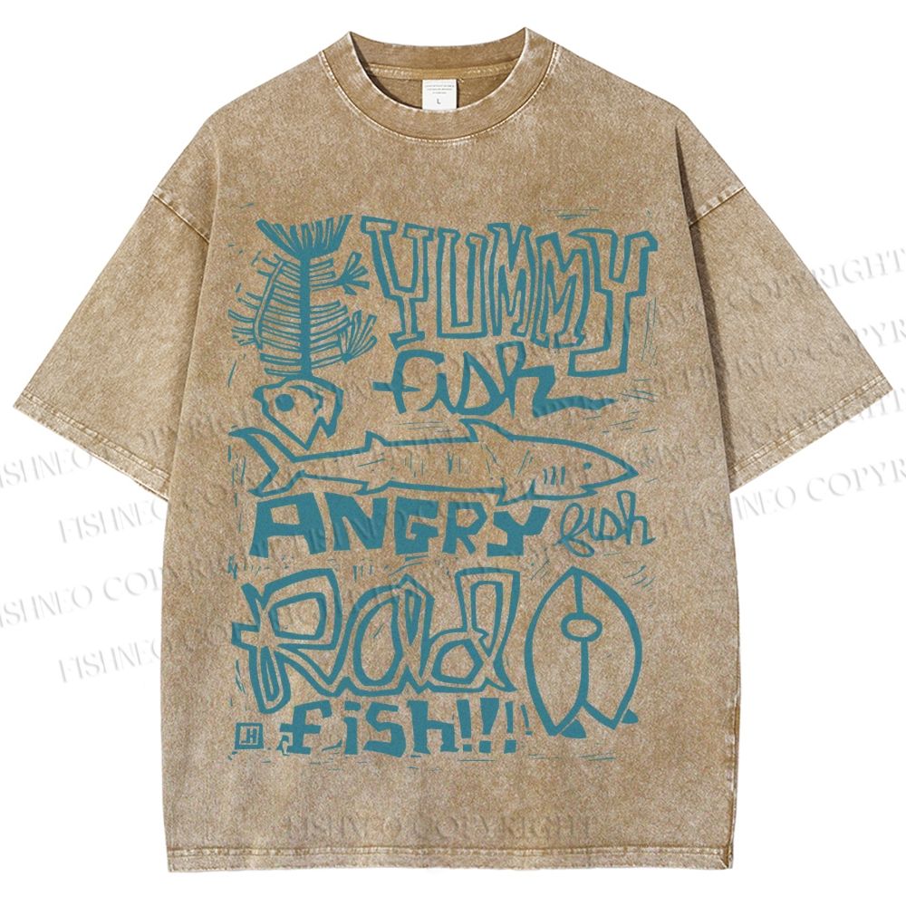 Unisex Vintage Yummy Fish Angry Fish Printed Washed Tee