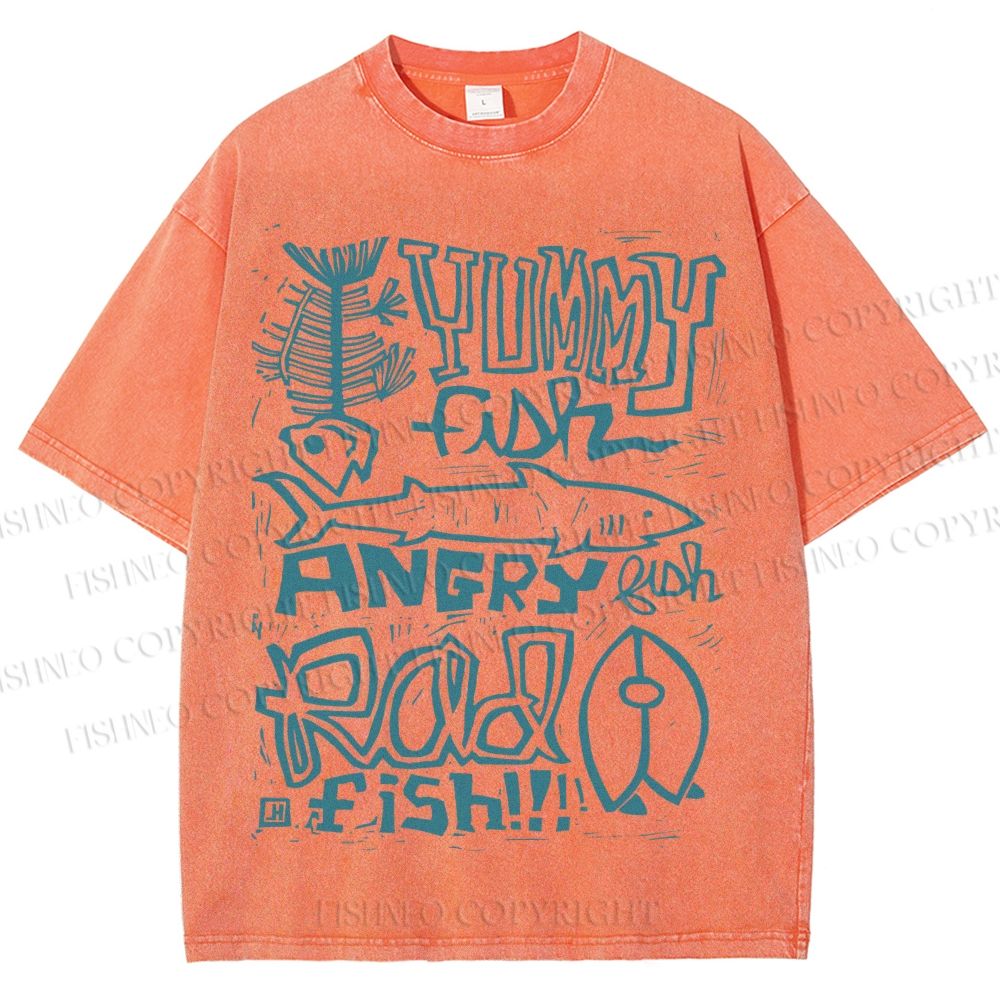 Unisex Vintage Yummy Fish Angry Fish Printed Washed Tee
