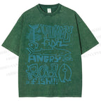 Unisex Vintage Yummy Fish Angry Fish Printed Washed Tee
