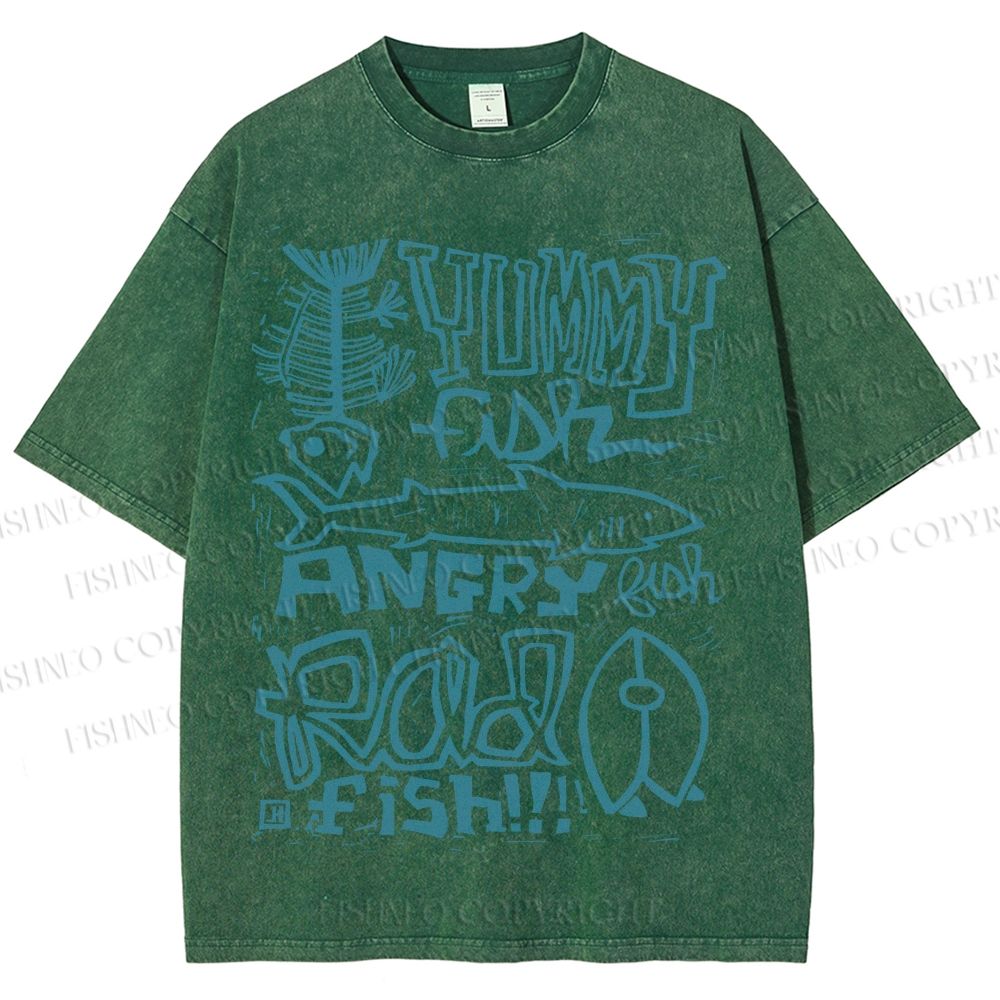 Unisex Vintage Yummy Fish Angry Fish Printed Washed Tee